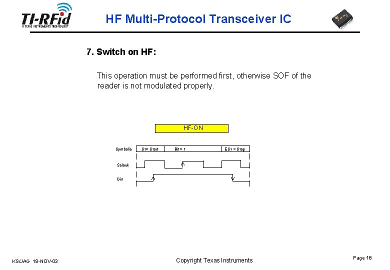 HF Multi-Protocol Transceiver IC 7. Switch on HF: This operation must be performed first,