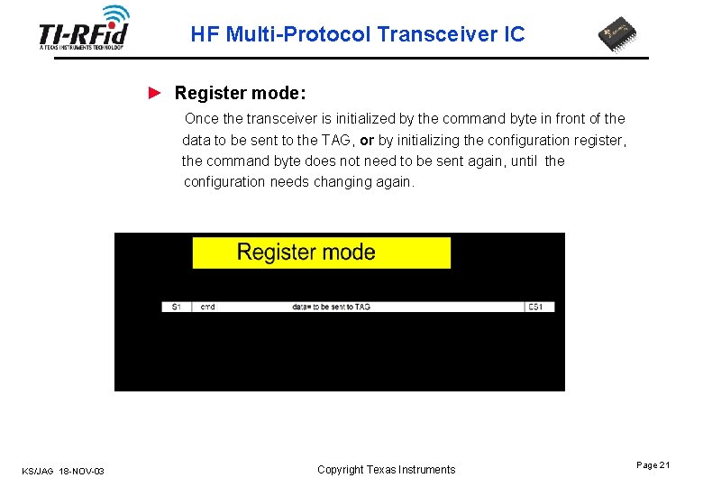 HF Multi-Protocol Transceiver IC ► Register mode: Once the transceiver is initialized by the