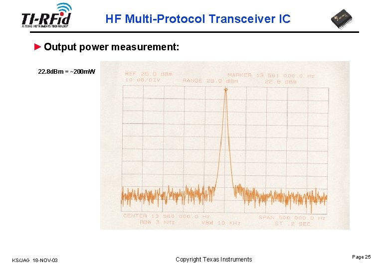 HF Multi-Protocol Transceiver IC ► Output power measurement: 22. 8 d. Bm = ~200