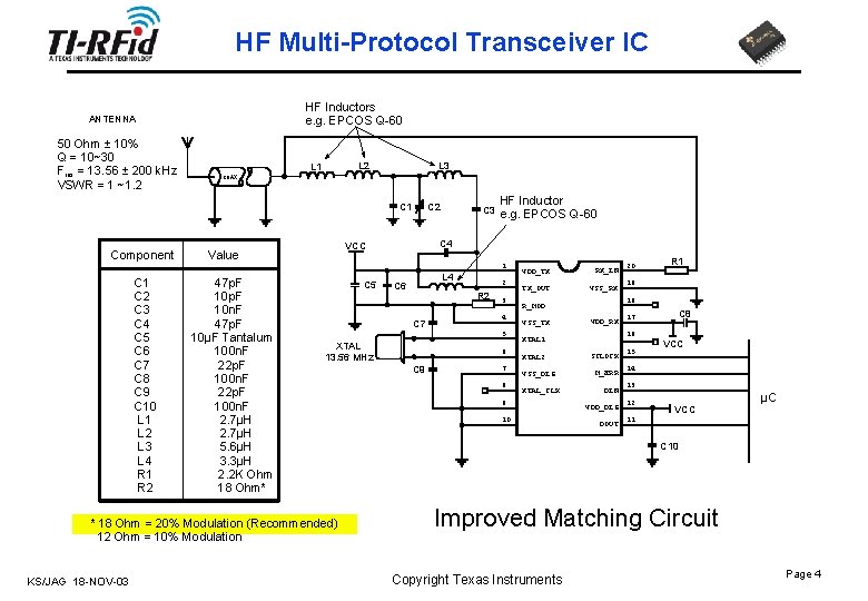 HF Multi-Protocol Transceiver IC HF Inductors e. g. EPCOS Q-60 ANTENNA 50 Ohm ±