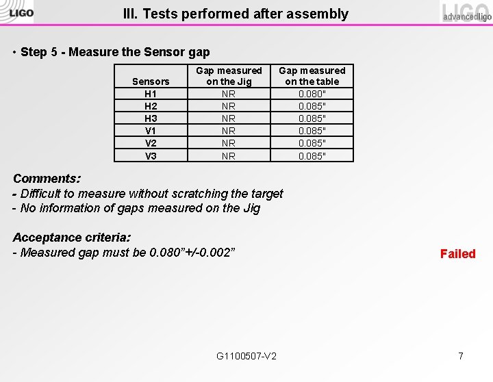 III. Tests performed after assembly • Step 5 - Measure the Sensor gap Sensors