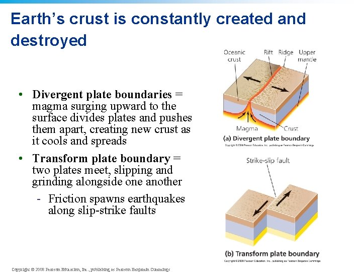 Earth’s crust is constantly created and destroyed • Divergent plate boundaries = magma surging