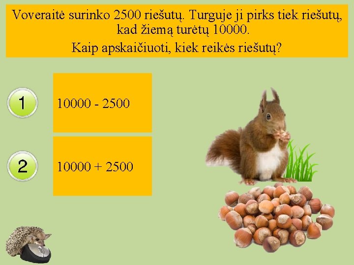 Voveraitė surinko 2500 riešutų. Turguje ji pirks tiek riešutų, kad žiemą turėtų 10000. Kaip