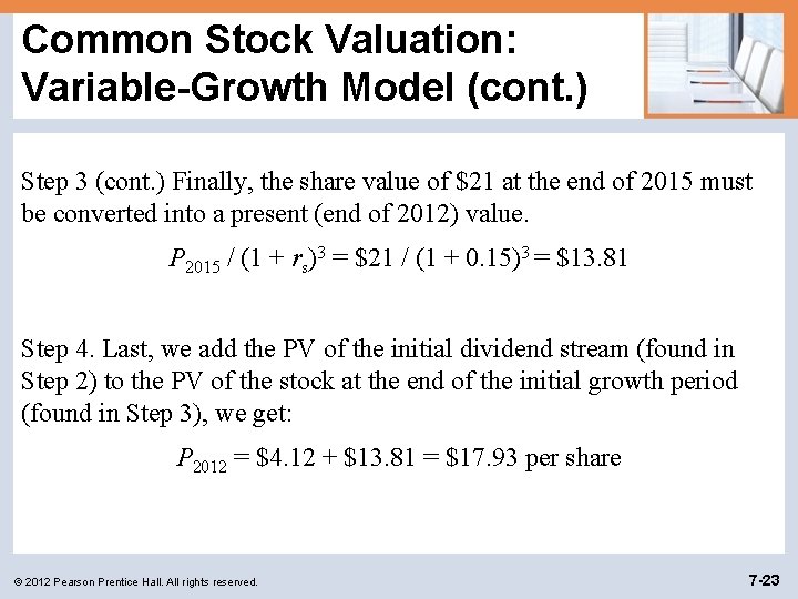 Common Stock Valuation: Variable-Growth Model (cont. ) Step 3 (cont. ) Finally, the share