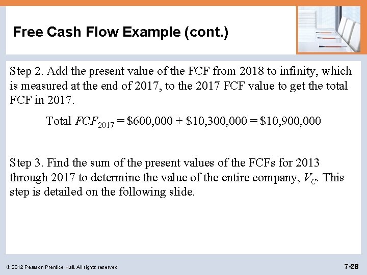 Free Cash Flow Example (cont. ) Step 2. Add the present value of the