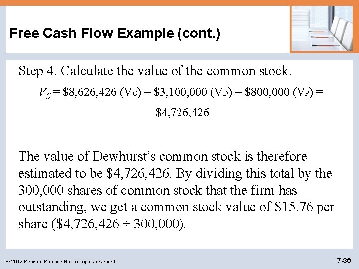 Free Cash Flow Example (cont. ) Step 4. Calculate the value of the common