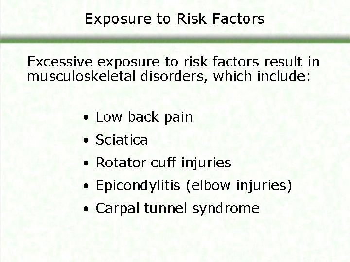 Exposure to Risk Factors Excessive exposure to risk factors result in musculoskeletal disorders, which