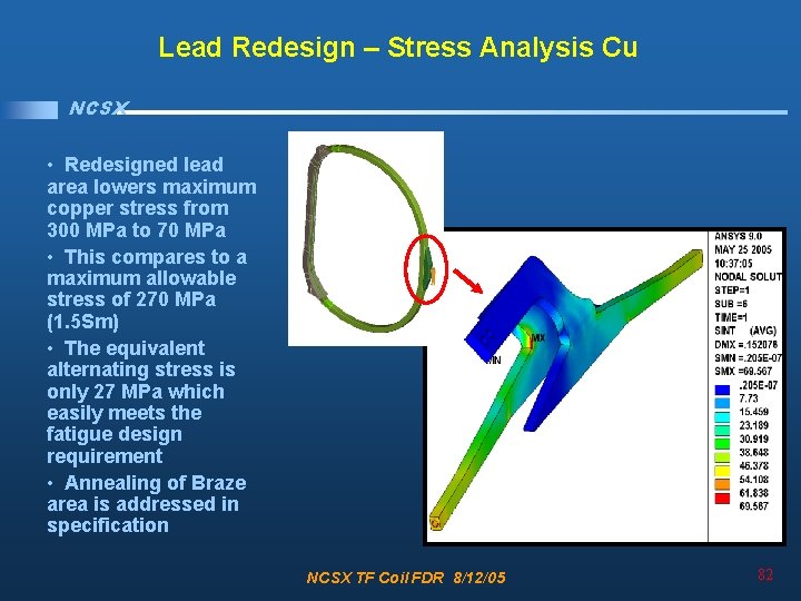 Lead Redesign – Stress Analysis Cu NCSX • Redesigned lead area lowers maximum copper