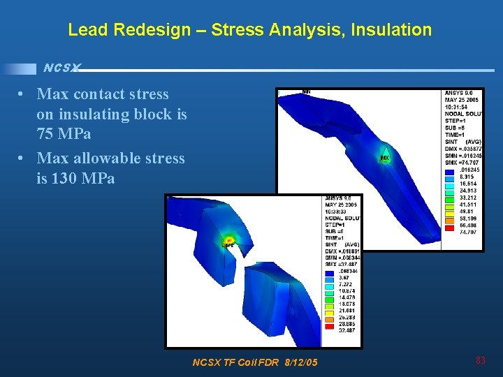 Lead Redesign – Stress Analysis, Insulation NCSX • Max contact stress on insulating block