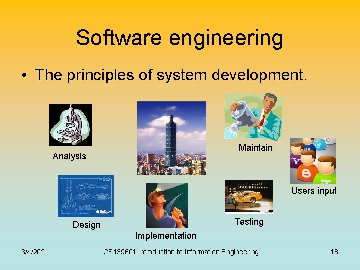 Software engineering • The principles of system development. Maintain Analysis Users input Testing Design