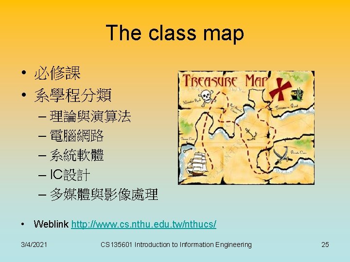 The class map • 必修課 • 系學程分類 – 理論與演算法 – 電腦網路 – 系統軟體 –