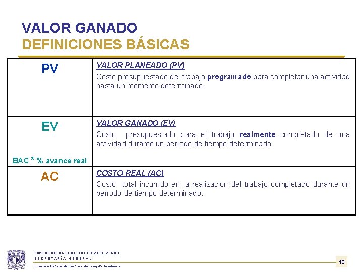 VALOR GANADO DEFINICIONES BÁSICAS PV VALOR PLANEADO (PV) Costo presupuestado del trabajo programado para VALOR GANADO DEFINICIONES BÁSICAS PV VALOR PLANEADO (PV) Costo presupuestado del trabajo programado para