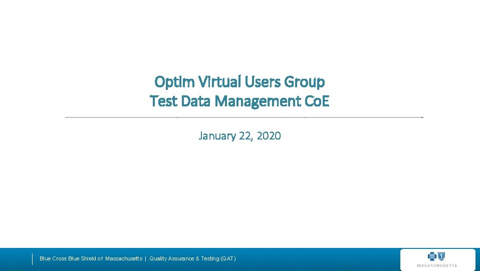 Optim Virtual Users Group Test Data Management Co. E January 22, 2020 Blue Cross