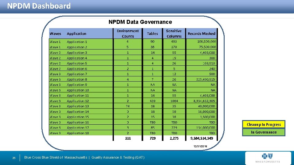 NPDM Dashboard NPDM Data Governance Cleanup In Progress In Governance 12/31/2019 25 Blue Cross