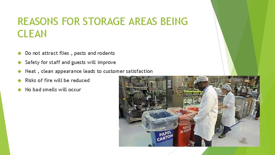 REASONS FOR STORAGE AREAS BEING CLEAN Do not attract flies , pests and rodents