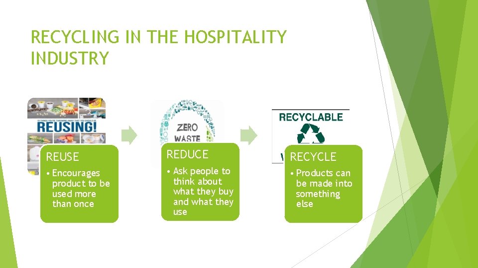 RECYCLING IN THE HOSPITALITY INDUSTRY REUSE REDUCE RECYCLE • Encourages product to be used