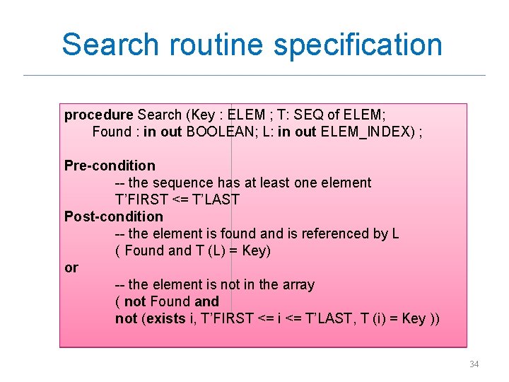 Search routine specification procedure Search (Key : ELEM ; T: SEQ of ELEM; Found