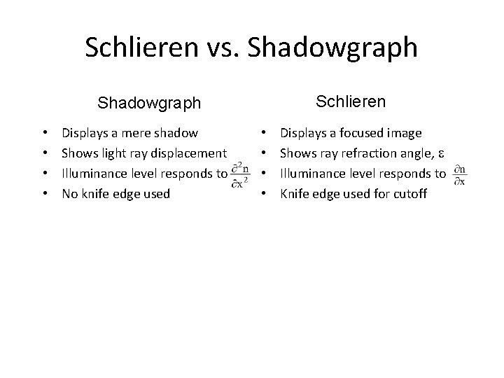 Schlieren vs. Shadowgraph Schlieren Shadowgraph • • Displays a mere shadow Shows light ray