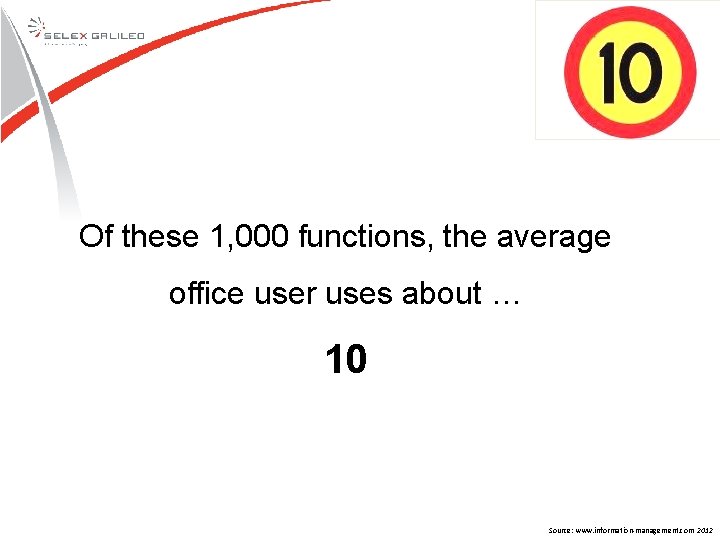 Of these 1, 000 functions, the average office user uses about … 10 Source: Of these 1, 000 functions, the average office user uses about … 10 Source: