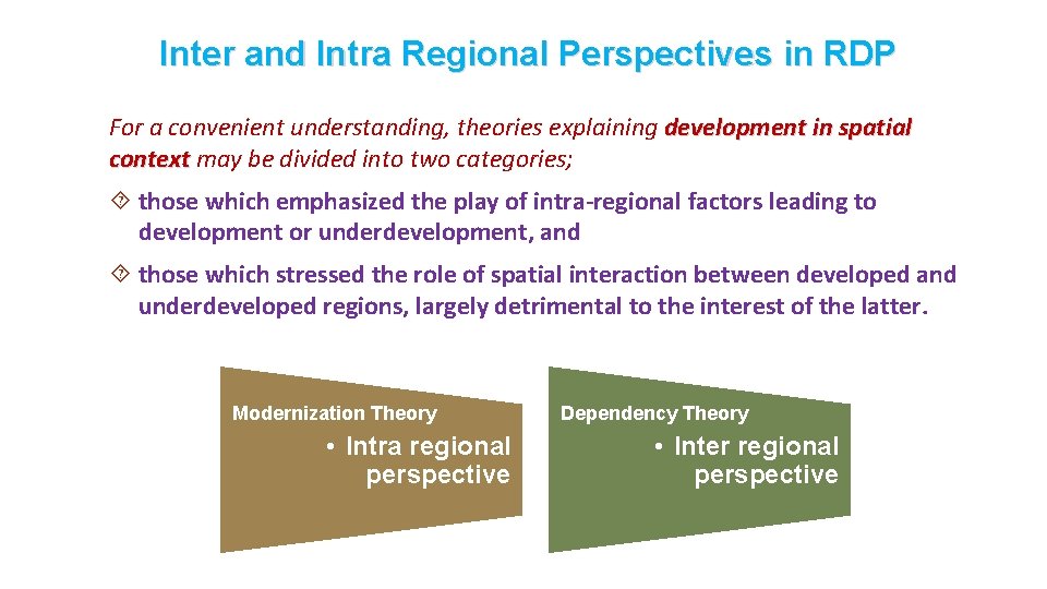 Inter and Intra Regional Perspectives in RDP For a convenient understanding, theories explaining development