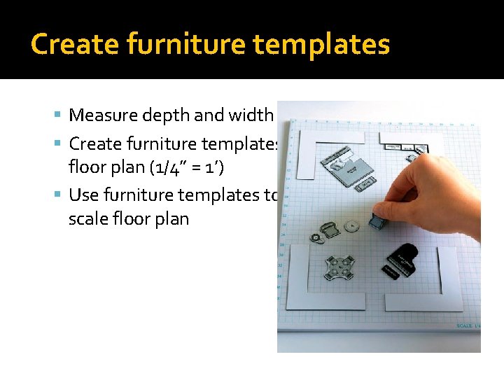 Create furniture templates Measure depth and width of furniture Create furniture templates using same