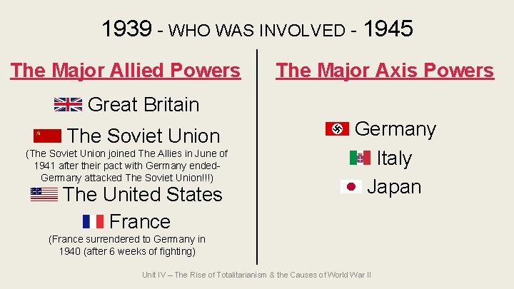 1939 - WHO WAS INVOLVED - 1945 The Major Allied Powers The Major Axis