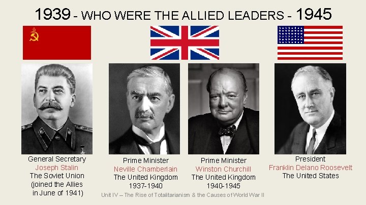 1939 - WHO WERE THE ALLIED LEADERS - 1945 General Secretary Joseph Stalin The