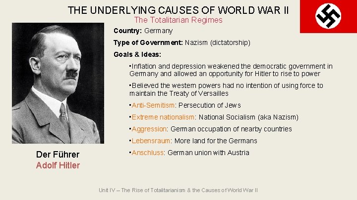 THE UNDERLYING CAUSES OF WORLD WAR II The Totalitarian Regimes Country: Germany Type of