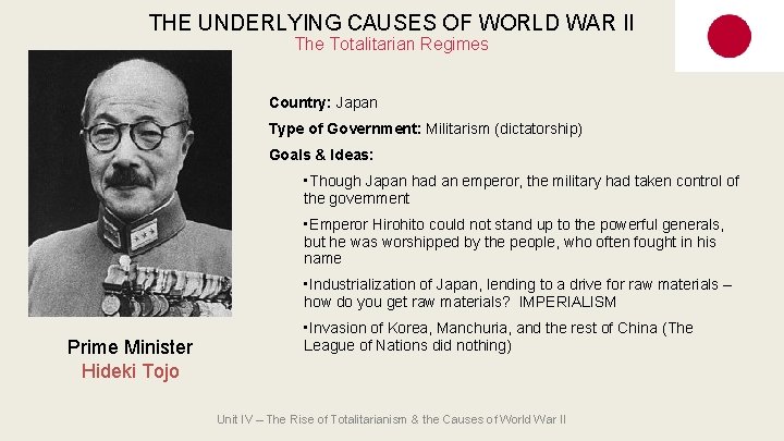 THE UNDERLYING CAUSES OF WORLD WAR II The Totalitarian Regimes Country: Japan Type of