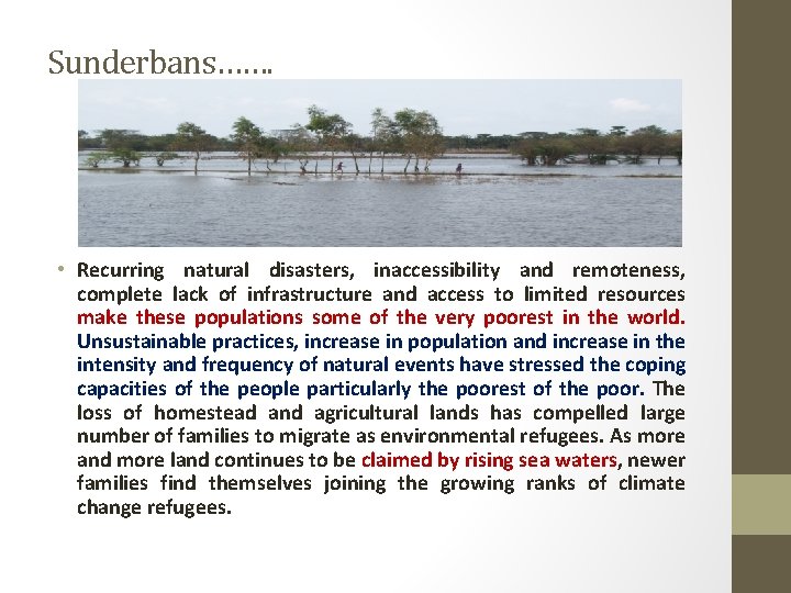 Sunderbans……. • Recurring natural disasters, inaccessibility and remoteness, complete lack of infrastructure and access