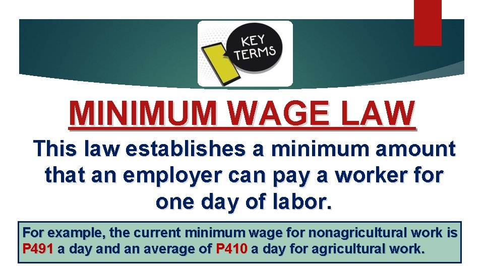 MINIMUM WAGE LAW This law establishes a minimum amount that an employer can pay