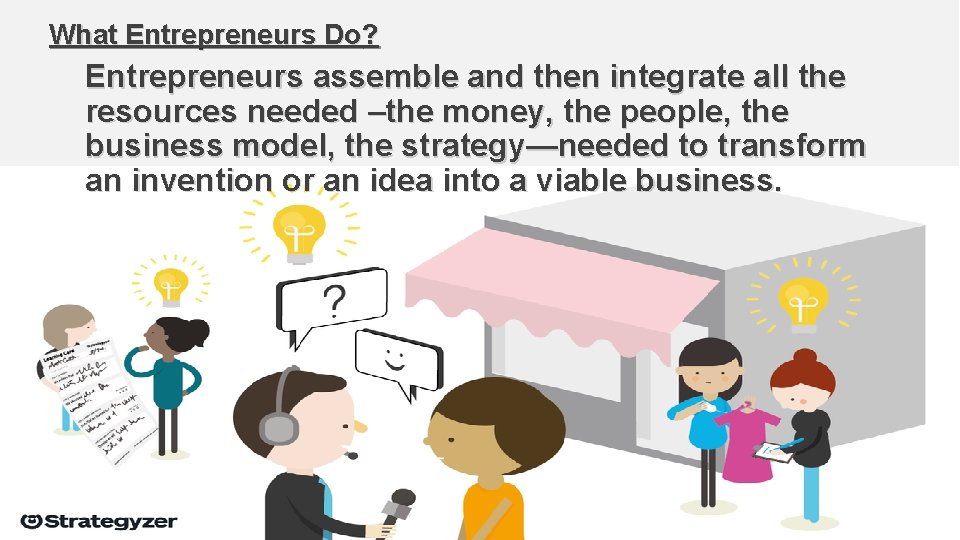 What Entrepreneurs Do? Entrepreneurs assemble and then integrate all the resources needed –the money,