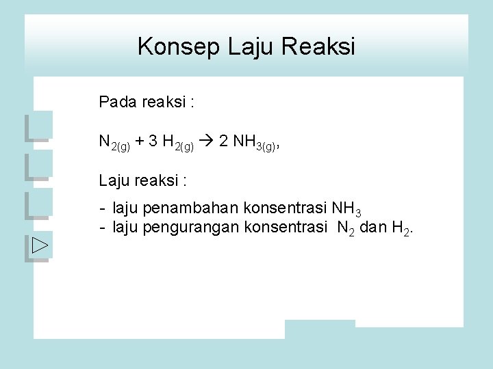 Konsep Laju Reaksi Pada reaksi : N 2(g) + 3 H 2(g) 2 NH