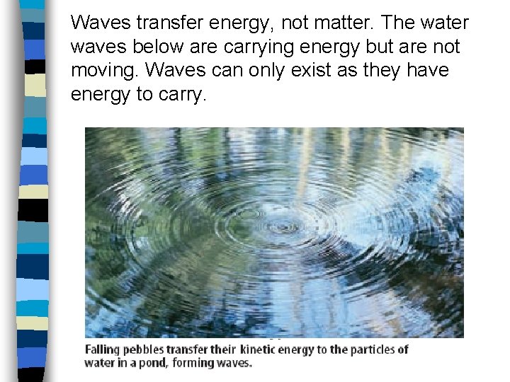 Waves transfer energy, not matter. The water waves below are carrying energy but are Waves transfer energy, not matter. The water waves below are carrying energy but are