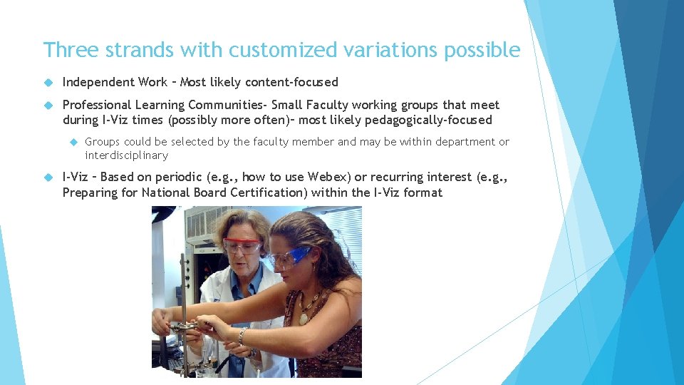 Three strands with customized variations possible Independent Work – Most likely content-focused Professional Learning