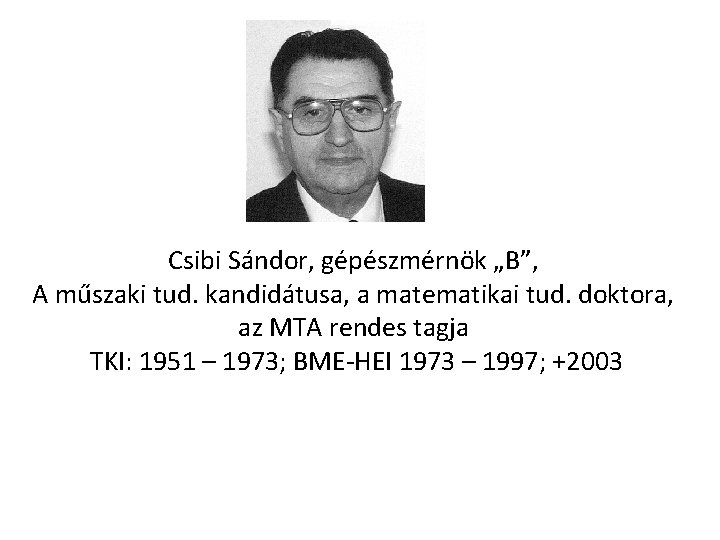 Csibi Sándor, gépészmérnök „B”, A műszaki tud. kandidátusa, a matematikai tud. doktora, az MTA