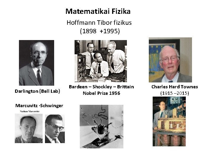 Matematikai Fizika Hoffmann Tibor fizikus (1898 +1995) Darlington (Bell Lab) Marcuvitz -Schwinger Bardeen –