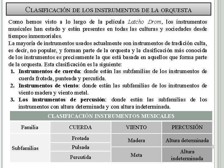 CLASIFICACIÓN DE LOS INSTRUMENTOS DE LA ORQUESTA Como hemos visto a lo largo de