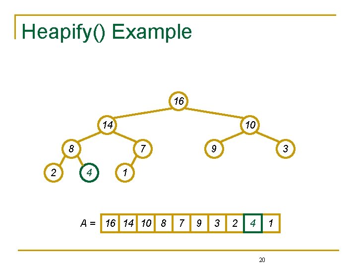 Heapify() Example 16 14 10 8 2 7 4 9 3 1 A =