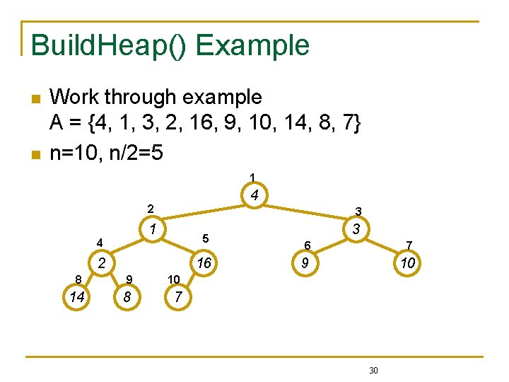 Build. Heap() Example n n Work through example A = {4, 1, 3, 2,