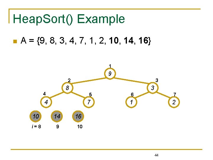 Heap. Sort() Example n A = {9, 8, 3, 4, 7, 1, 2, 10,