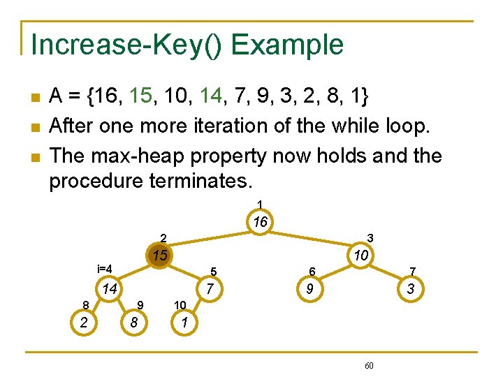 Increase-Key() Example n n n A = {16, 15, 10, 14, 7, 9, 3,