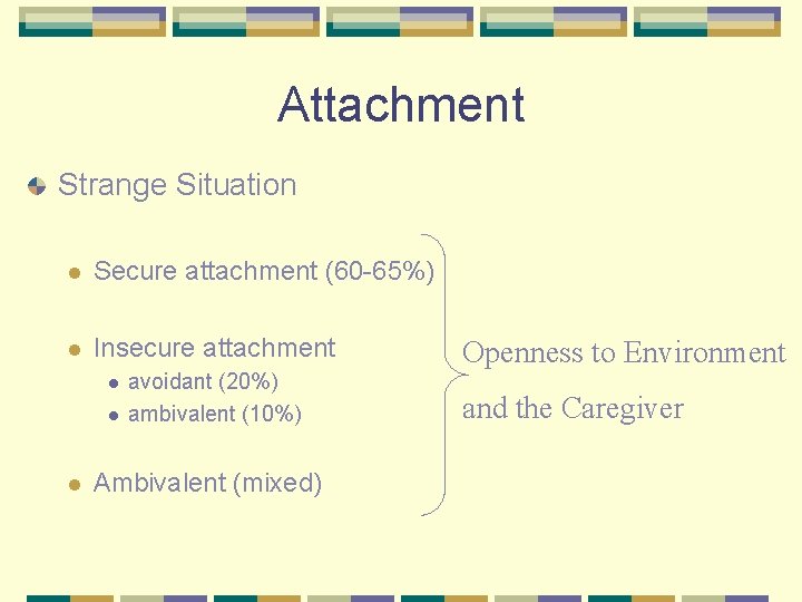 Attachment Strange Situation l Secure attachment (60 -65%) l Insecure attachment l l l