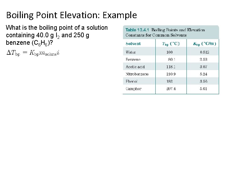 Boiling Point Elevation: Example What is the boiling point of a solution containing 40.