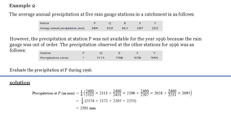 Example 2 The average annual precipitation at five rain gauge stations in a catchment