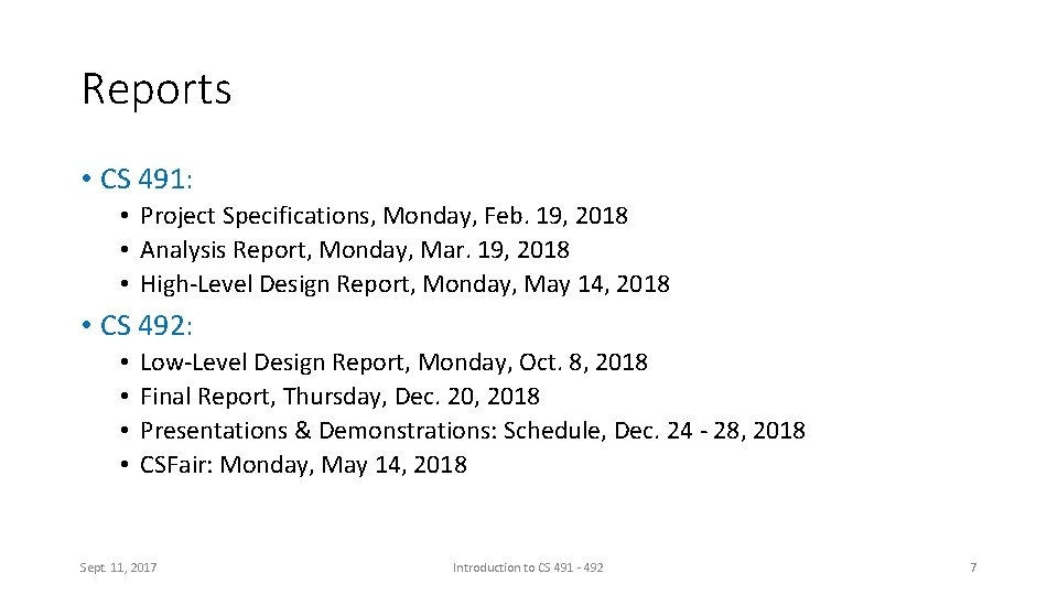 Reports • CS 491: • Project Specifications, Monday, Feb. 19, 2018 • Analysis Report,