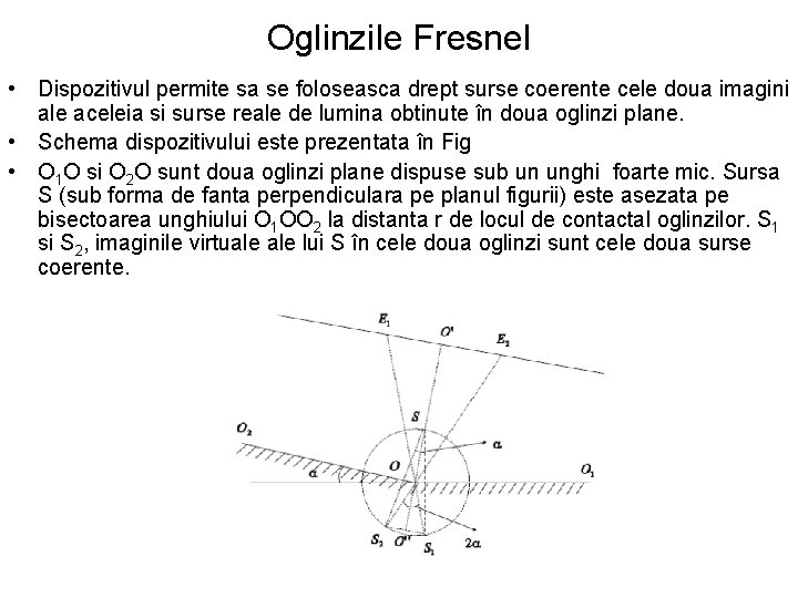 Oglinzile Fresnel • Dispozitivul permite sa se foloseasca drept surse coerente cele doua imagini