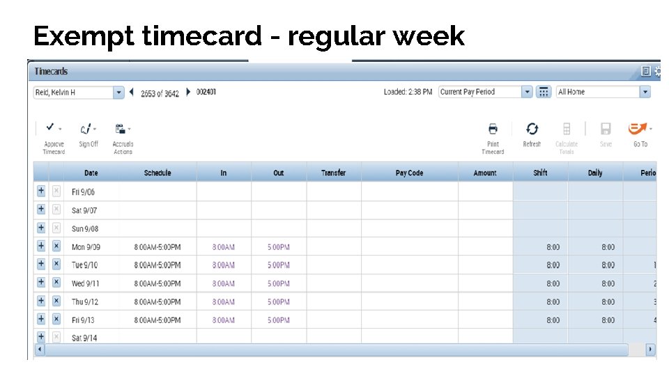 Exempt timecard - regular week 
