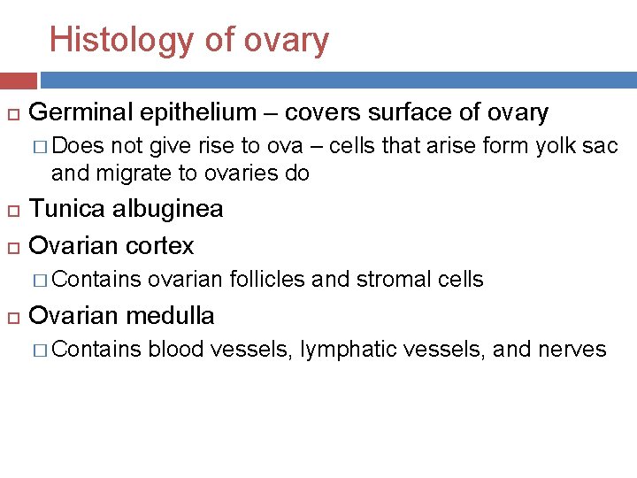 Histology of ovary Germinal epithelium – covers surface of ovary � Does not give