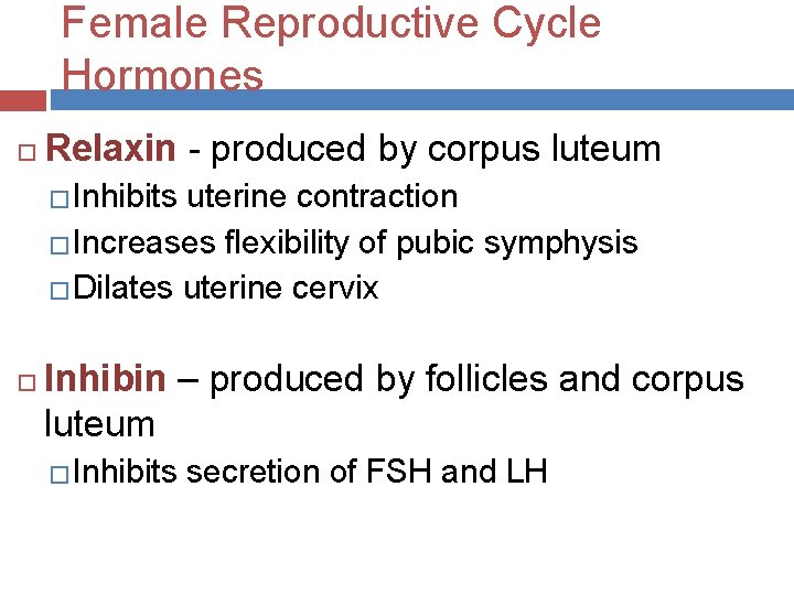 Female Reproductive Cycle Hormones Relaxin - produced by corpus luteum �Inhibits uterine contraction �Increases